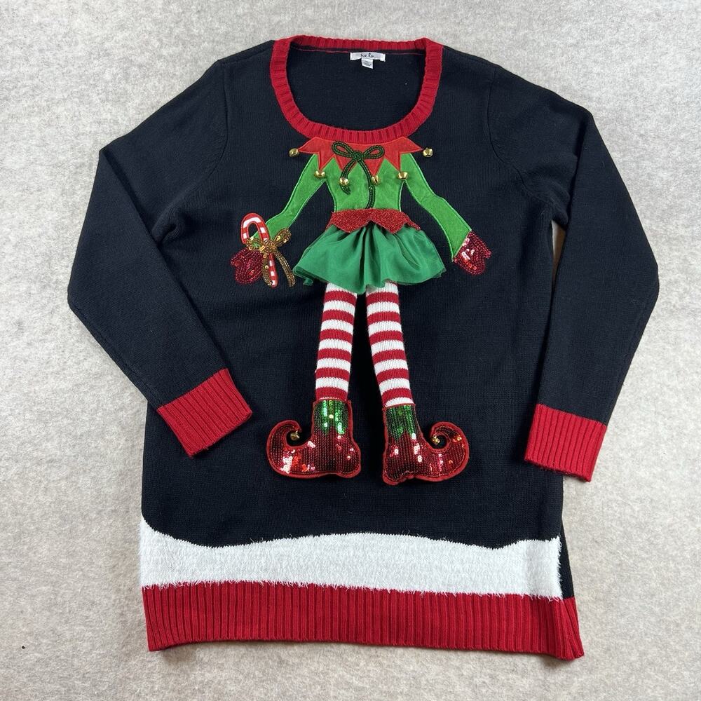 Kela Holiday Elf Tunic Sweater 3D Legs Jingle Bells Sequins Black Red XL